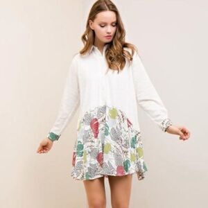 Entro Button Down Shirt Dress with Printed Skirt large